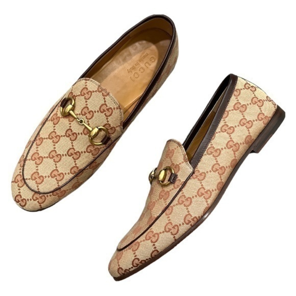 GUCCI Men’s Jordaan Brown GG Canvas Logo Horsebit Loafers Size 7